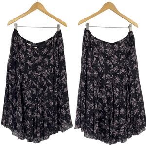 Vintage Silk Floral Print Skirt Pleated Purple Black Midi Prairie Womens 16 P